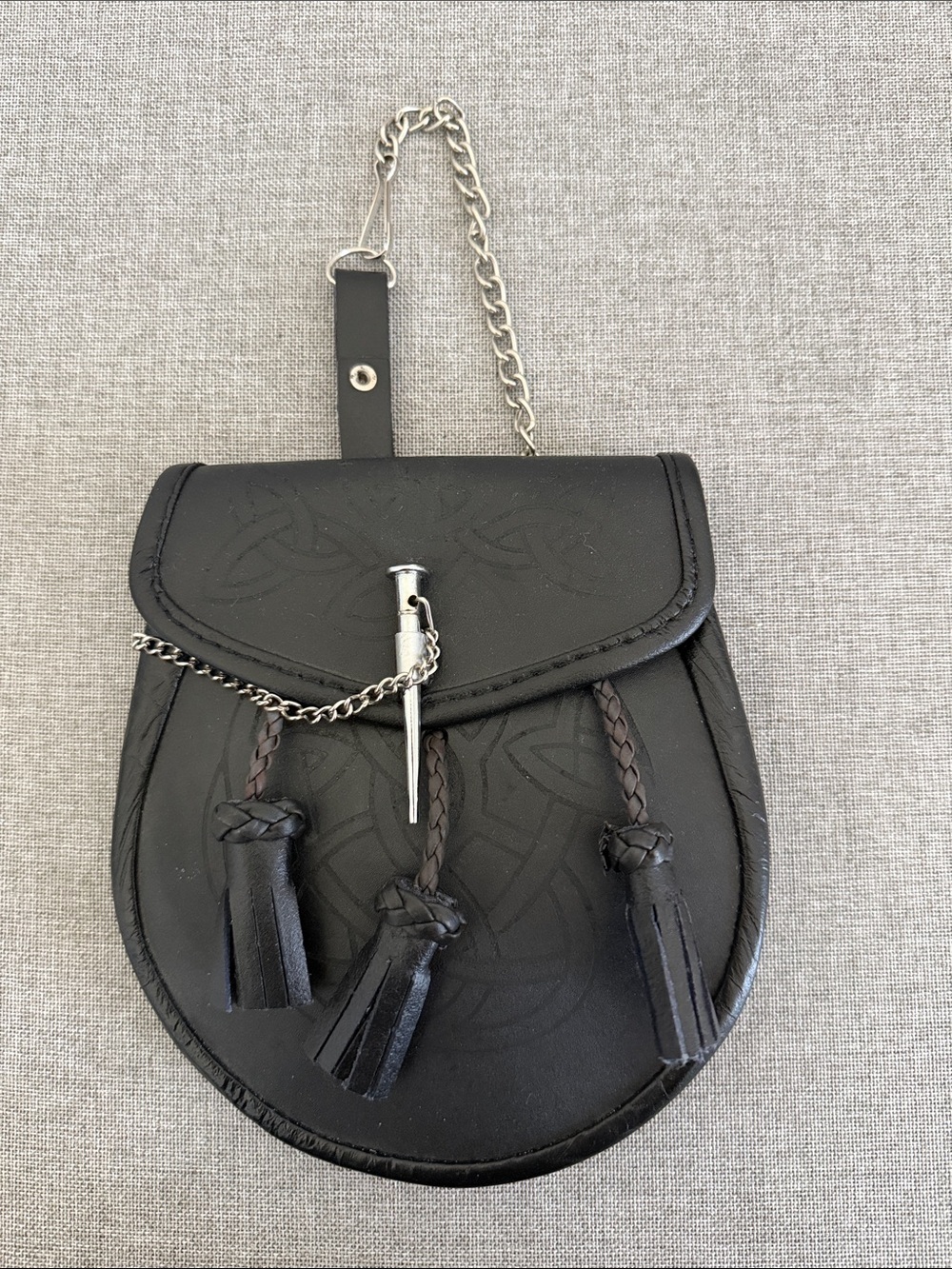 Black Leather Sporran Bag with Chain and Tassels